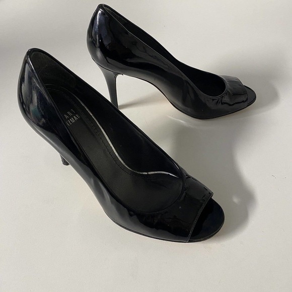 Stuart Weitzman Linda Peep Toe Pump Patent Leather Black Slim Heel Slip On 6.5 - Picture 2 of 6